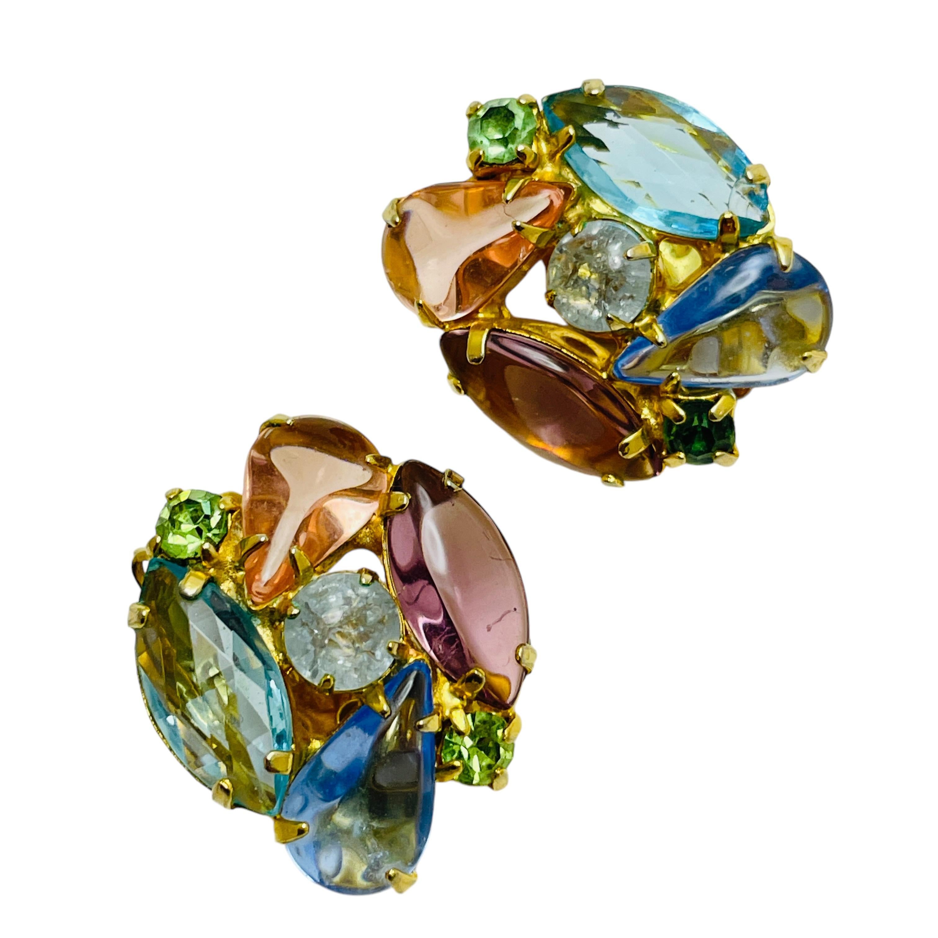 Vintage gold tone fruit salad glass designer earrings brooch set For Sale 1