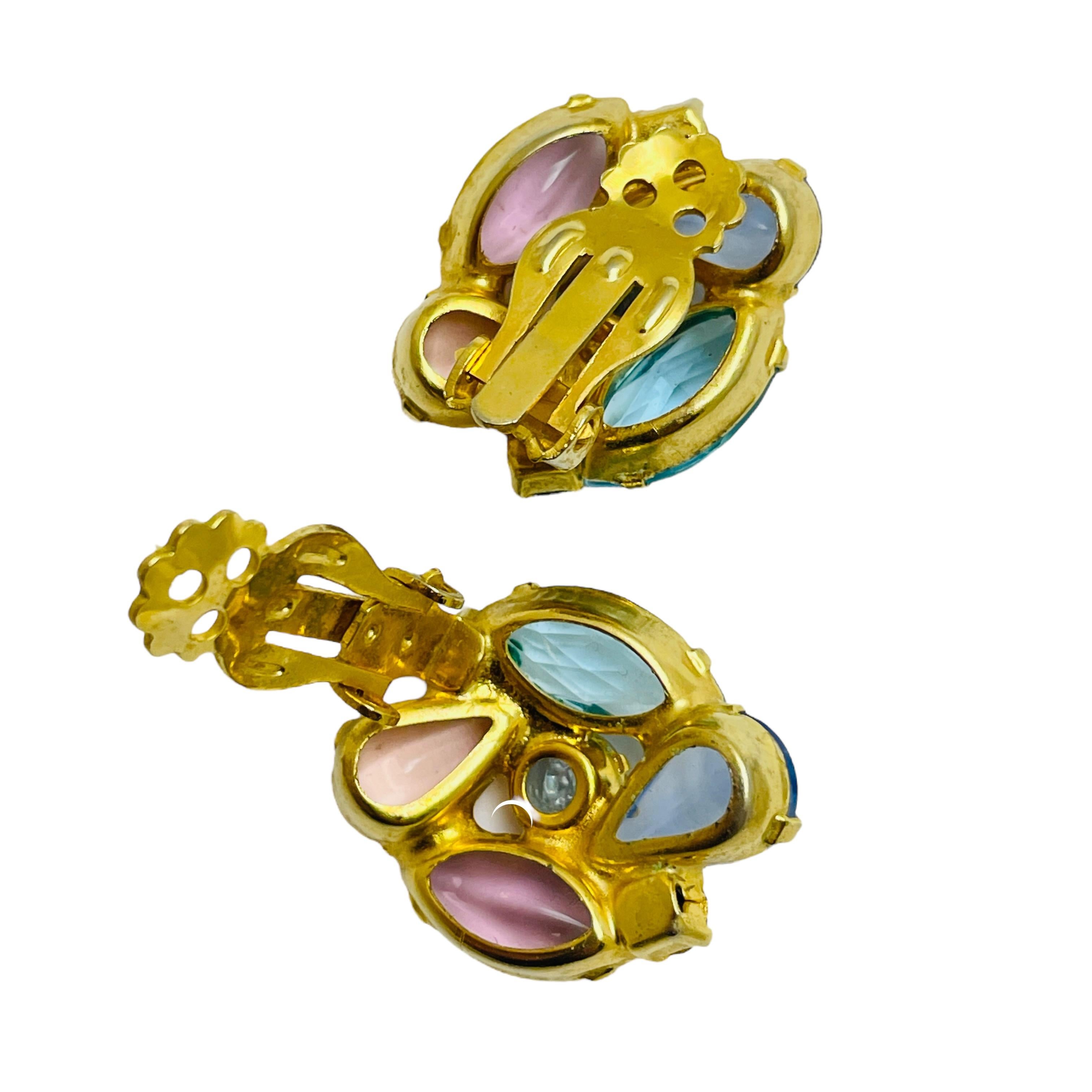 Vintage gold tone fruit salad glass designer earrings brooch set For Sale 2