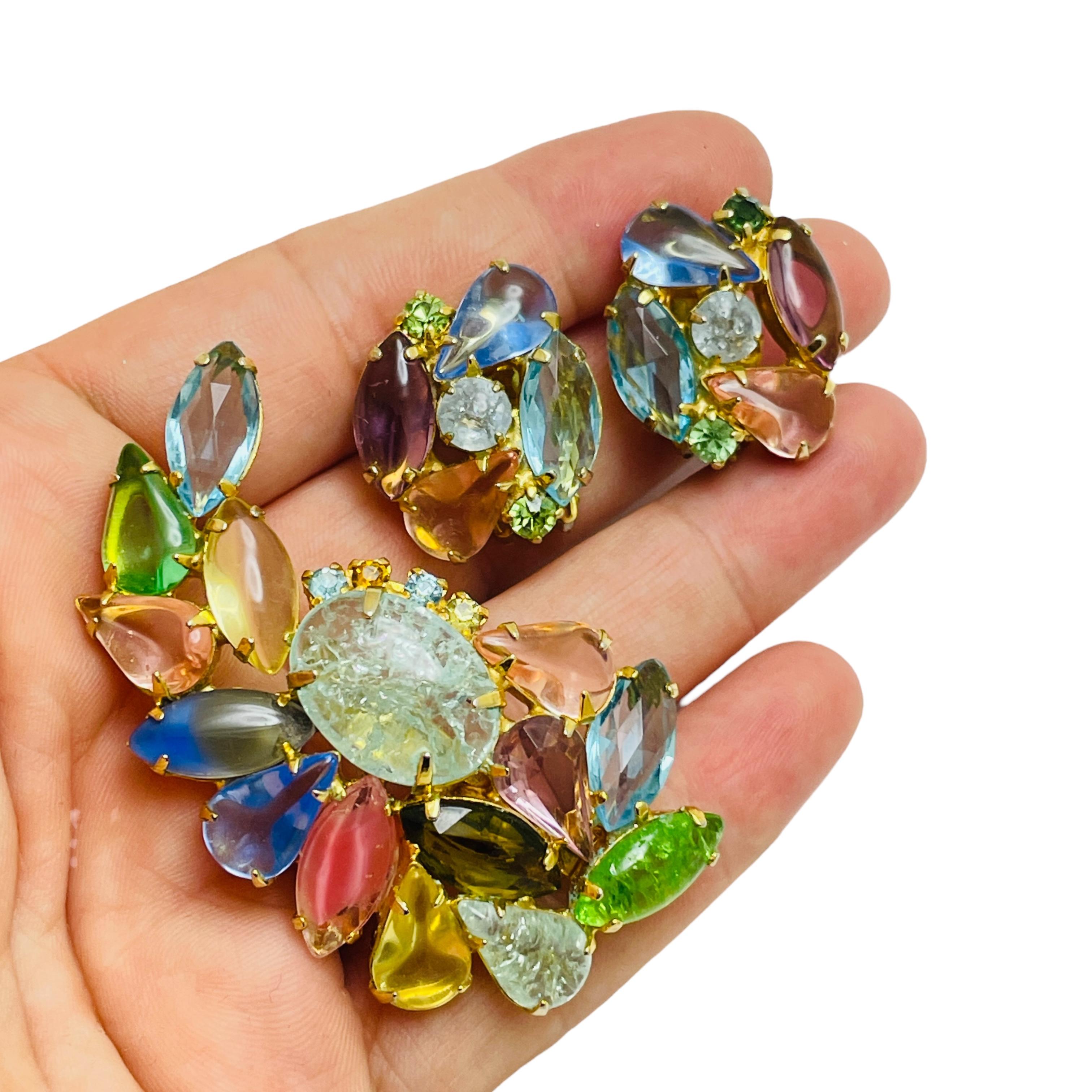 Vintage gold tone fruit salad glass designer earrings brooch set For Sale 3