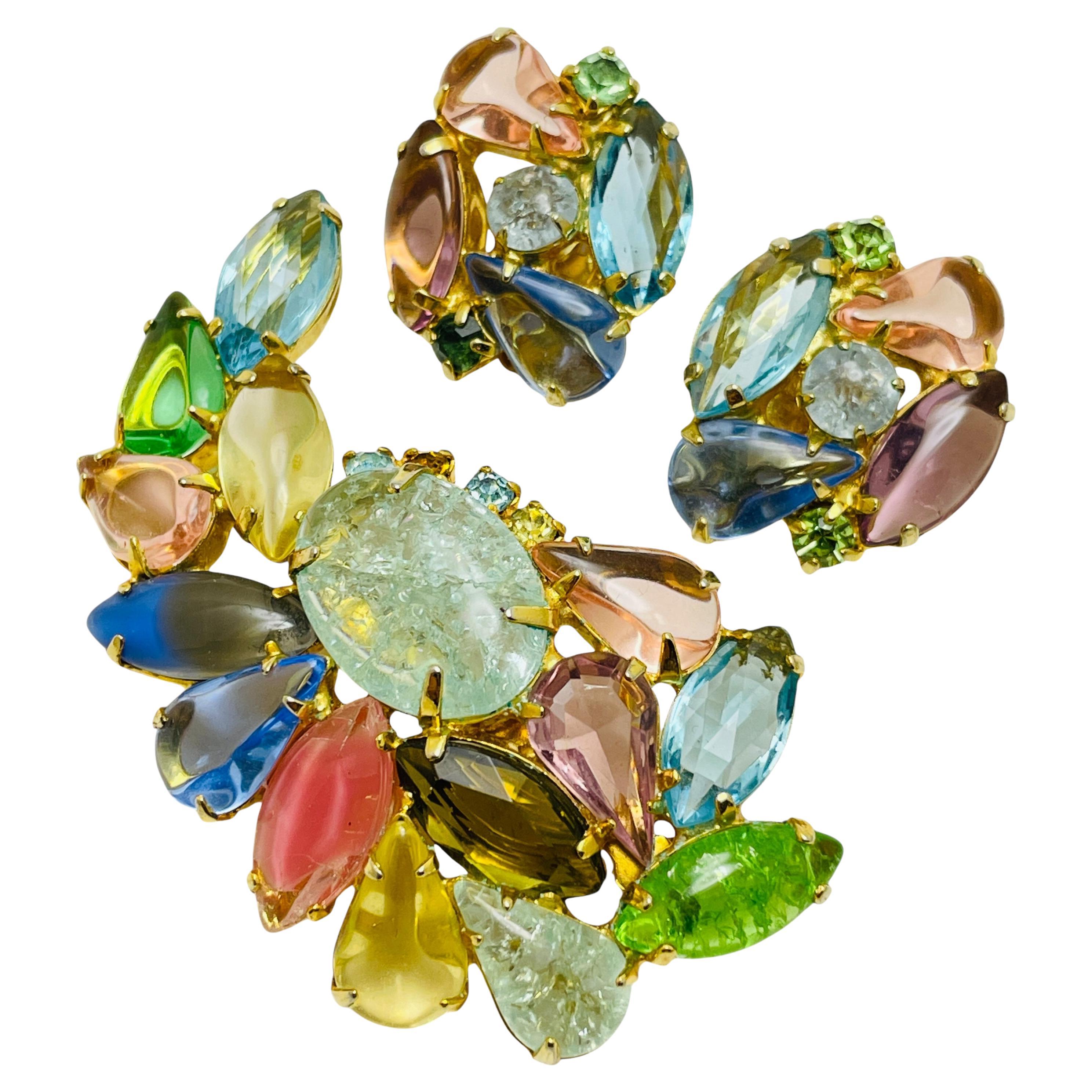 Vintage gold tone fruit salad glass designer earrings brooch set For Sale