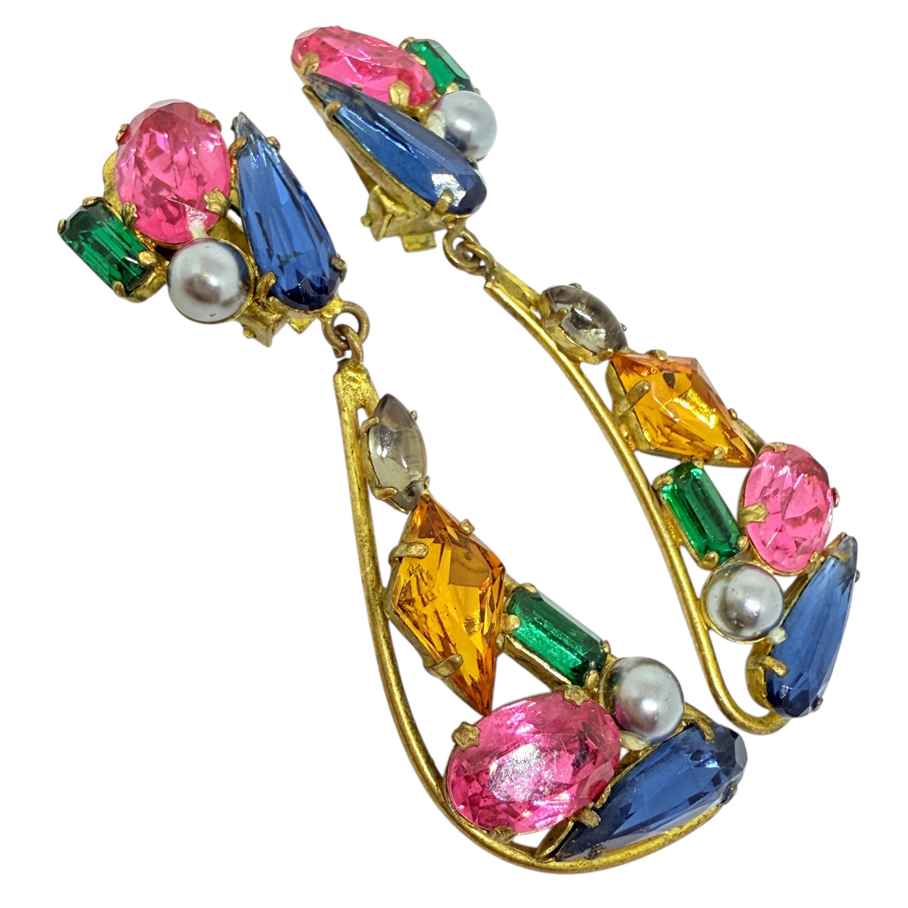 Vintage Gold Ton Obstsalat Juwel Glas baumeln Designer Clip auf Ohrringe für Damen oder Herren im Angebot