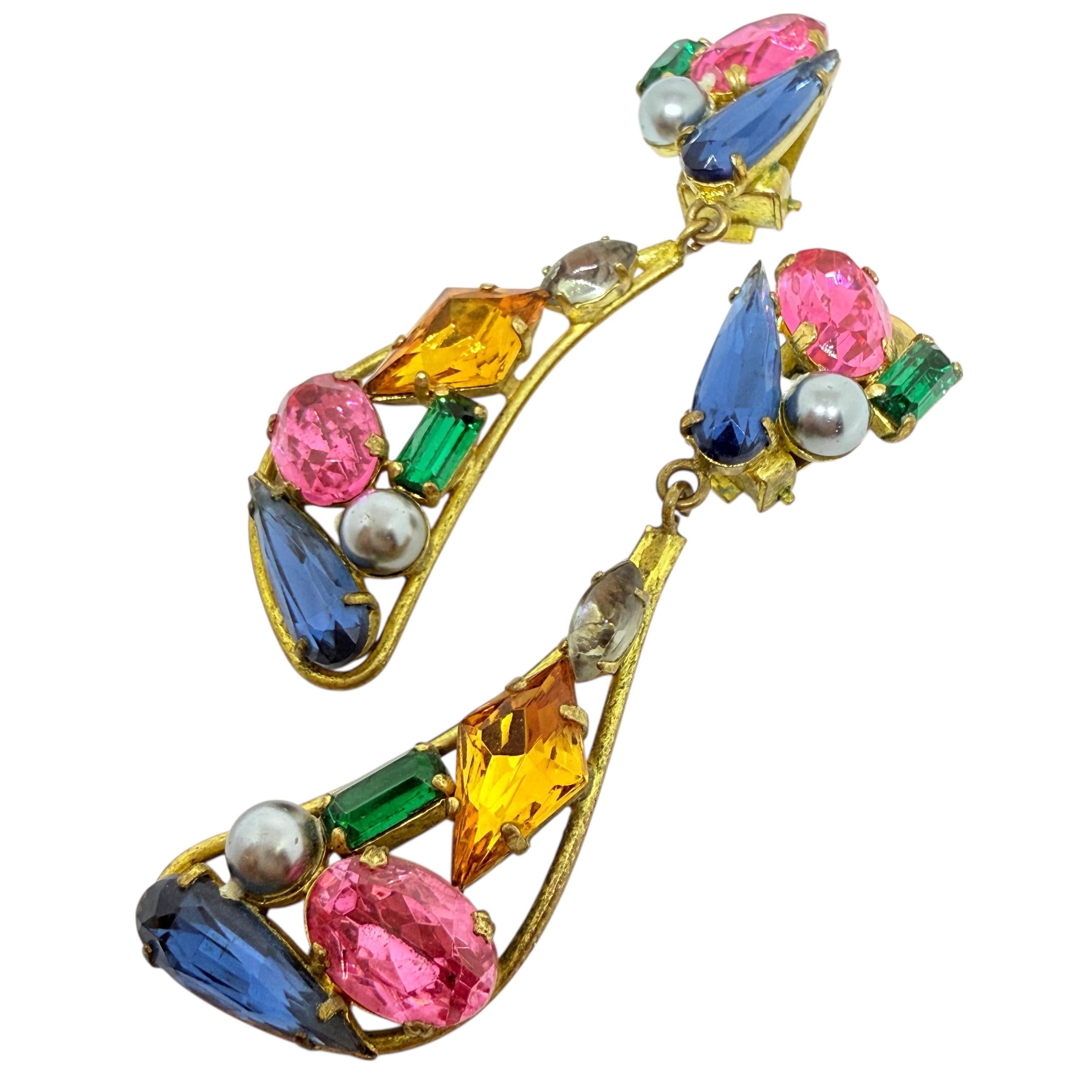 Vintage Gold Ton Obstsalat Juwel Glas baumeln Designer Clip auf Ohrringe im Angebot 1