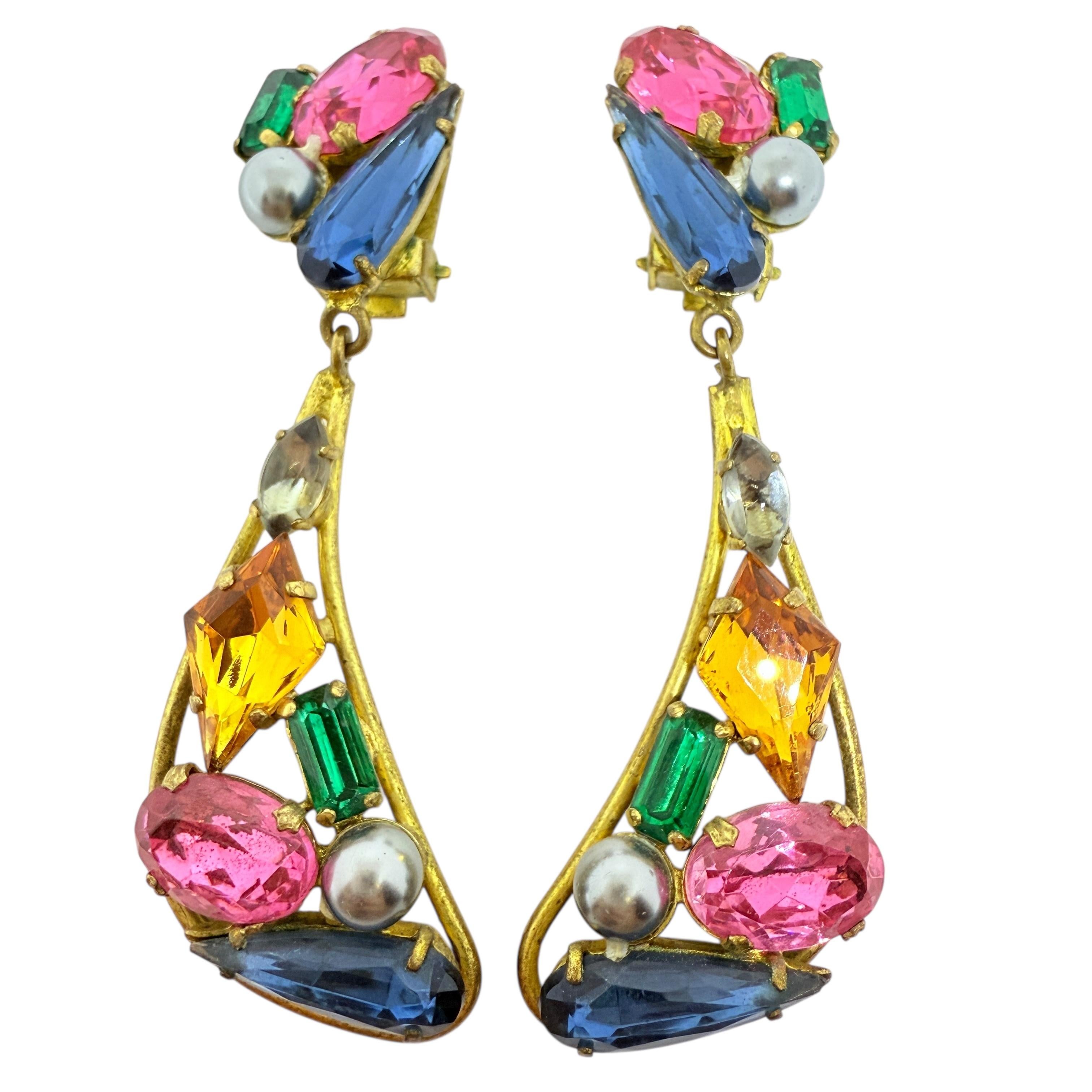 Vintage Gold Ton Obstsalat Juwel Glas baumeln Designer Clip auf Ohrringe im Angebot 2