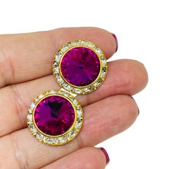 Vintage gold tone fuchsia rivoli glass rhinestones designer post earrings