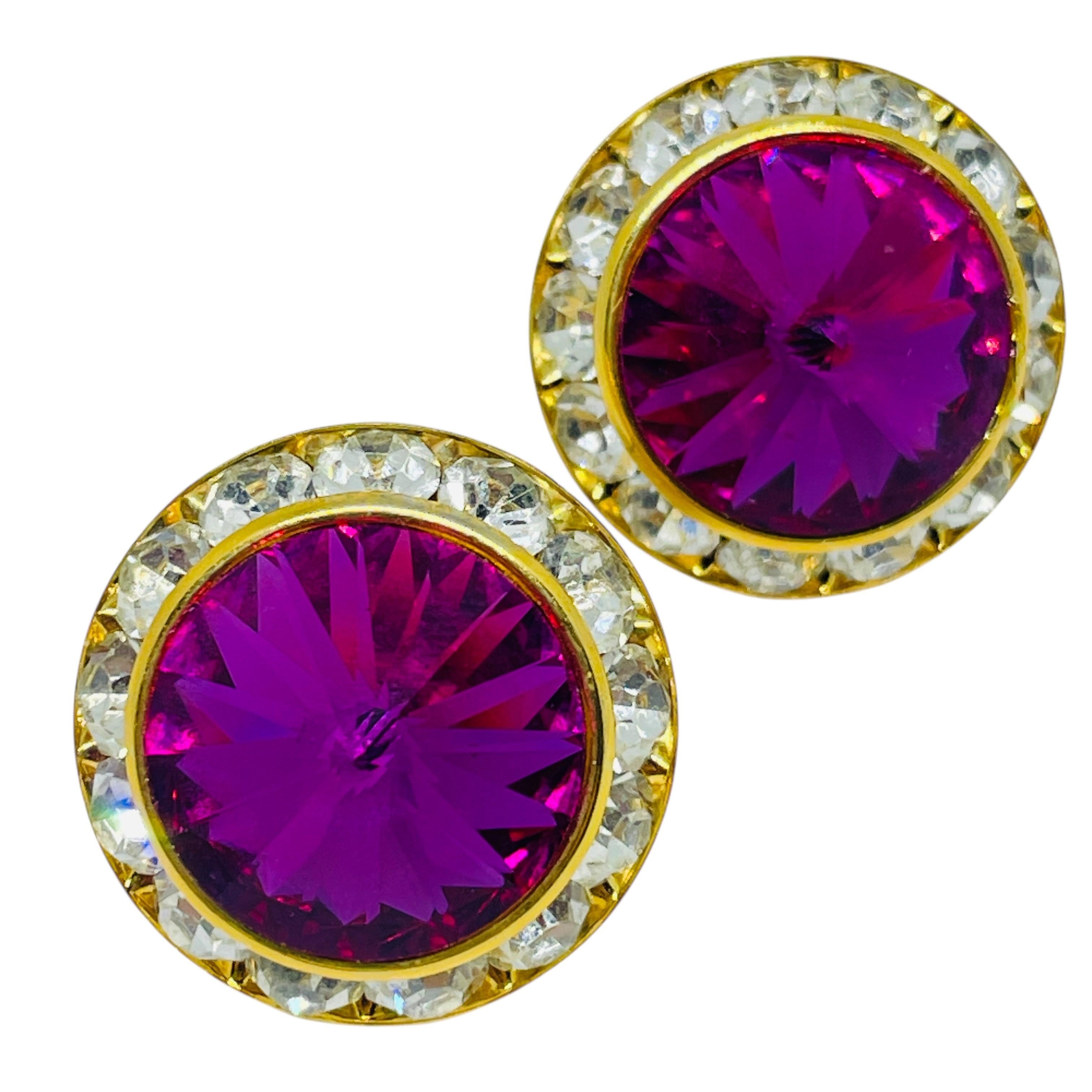Vintage gold tone fuchsia rivoli glass rhinestones designer post earrings