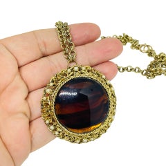 Vintage gold tone glass amber chain pendant designer necklace