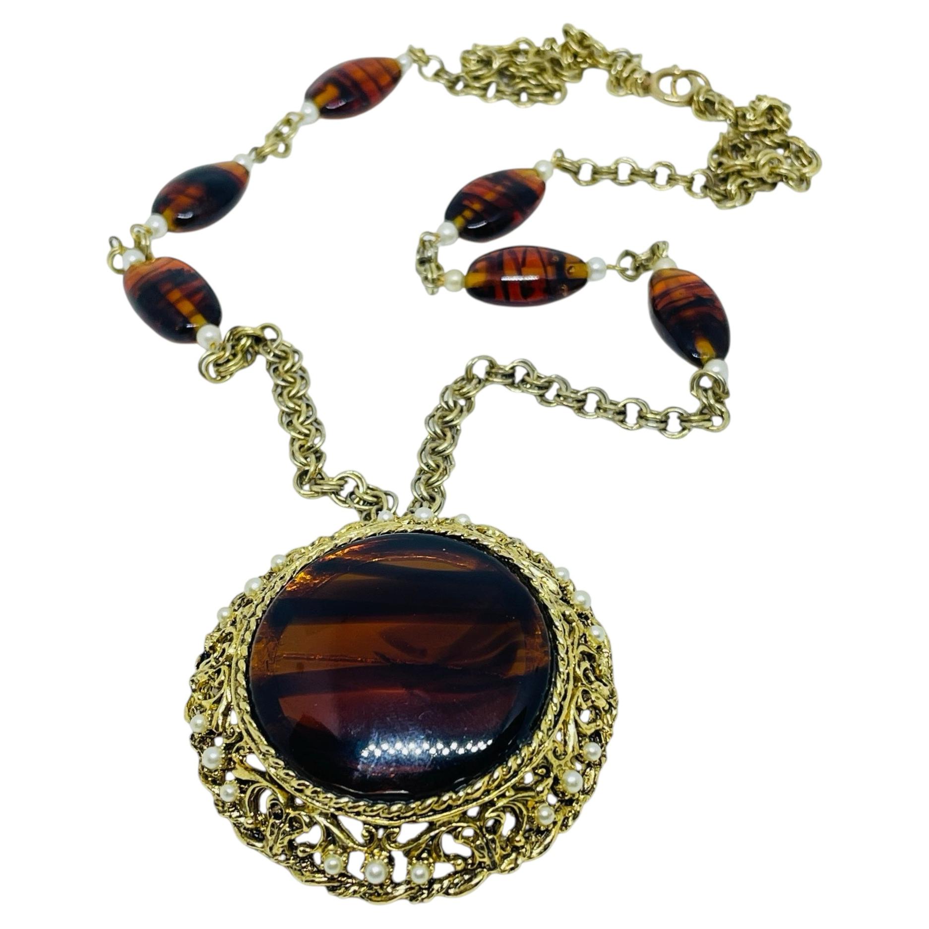 Vintage gold tone glass amber chain pendant designer necklace