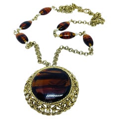 Vintage gold tone glass amber chain pendant designer necklace