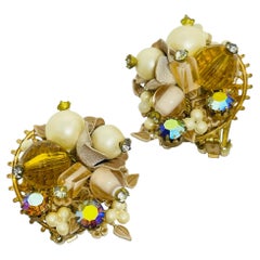 Vintage Gold Ton Glasperlen Perlen Custer Designer Clip auf Ohrringe