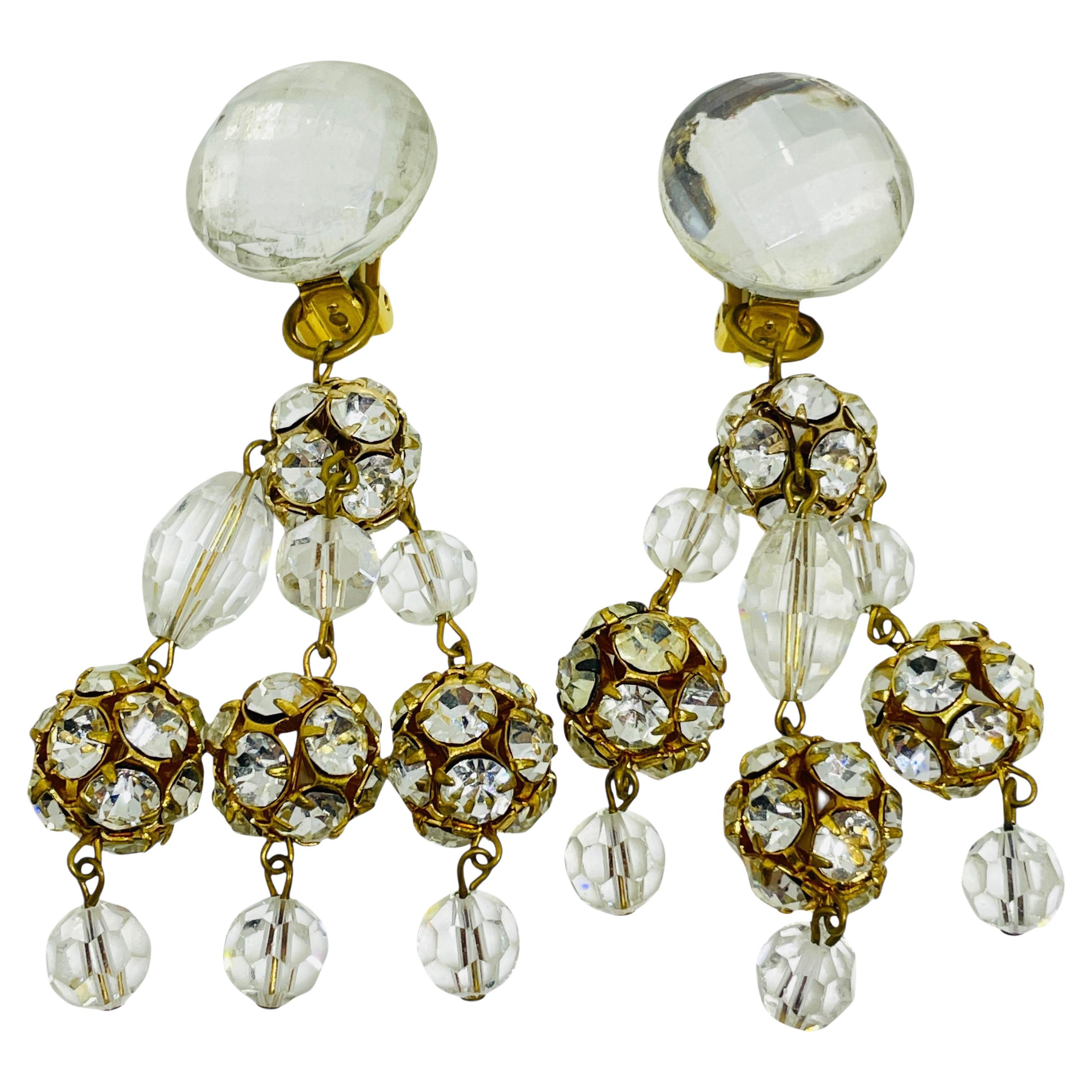 Vintage gold tone glass beads rhinestone designer clip on dangle earrings