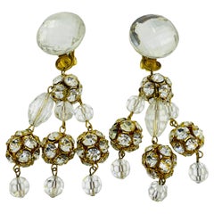 Vintage gold tone glass beads rhinestone designer clip on dangle earrings