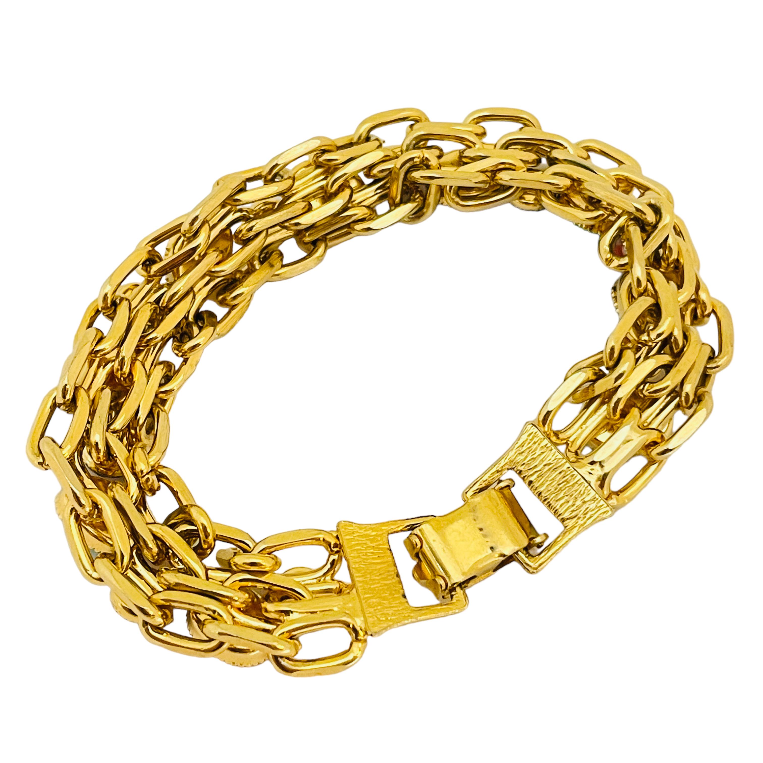Bracciale a catena di design con cabochon in vetro dorato vintage In condizioni buone in vendita a Palos Hills, IL