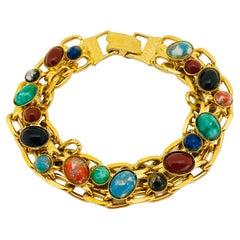 Vintage gold tone glass cabochons designer chain bracelet