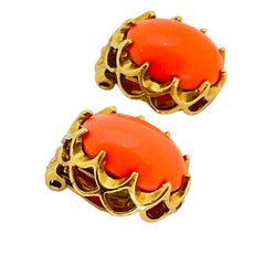 Vintage gold tone glass coral designer clip on earrings