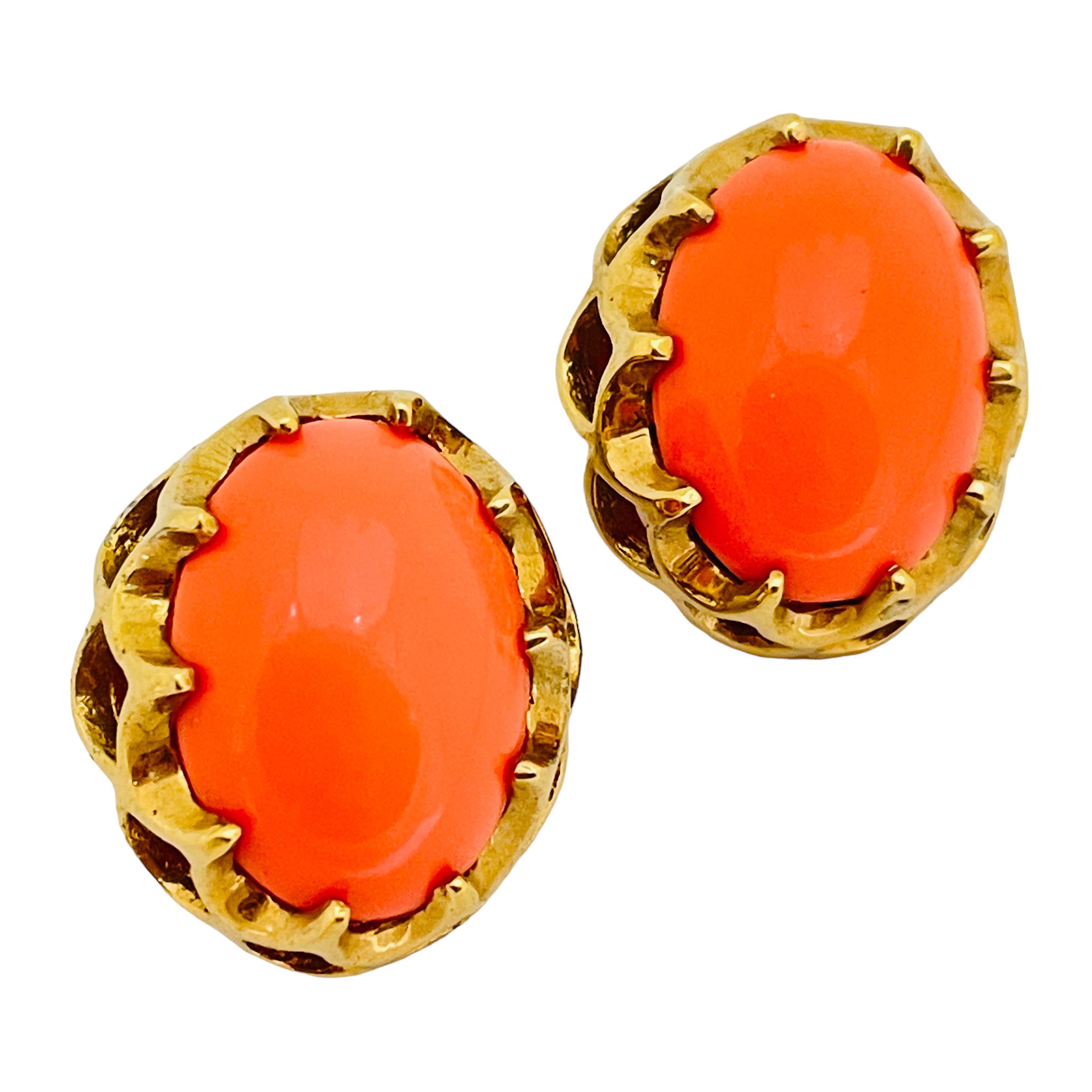 Vintage Gold Ton Glas Koralle Designer Clip auf Ohrringe