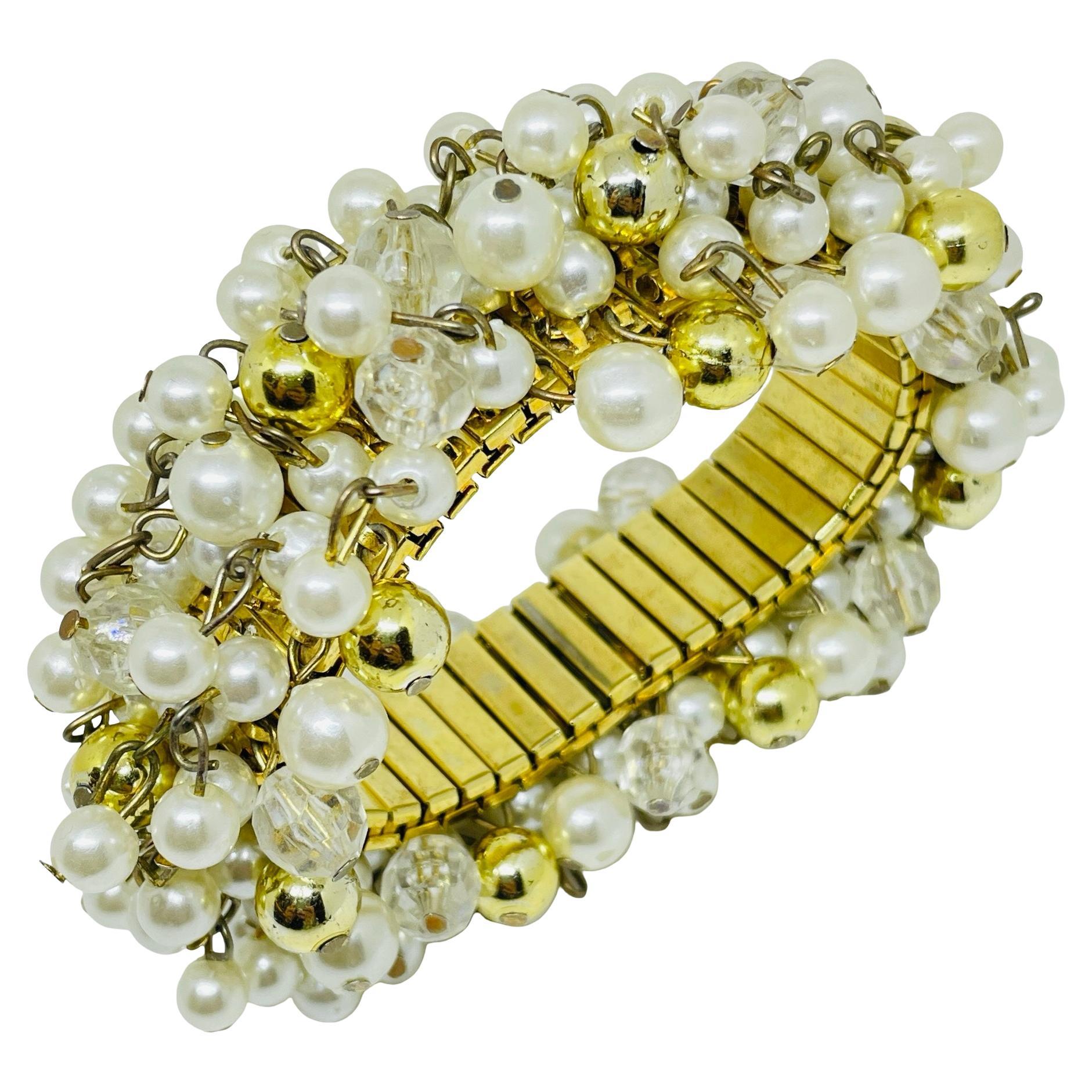 Vintage gold tone glass crystal beaded cha cha cha stretch designer bracelet