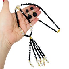 Vintage gold tone glass crystal beaded tassel designer necklace earrings set