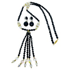 Vintage gold tone glass crystal beaded tassel designer necklace earrings set
