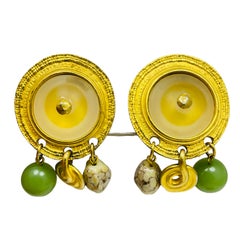 Vintage gold tone glass dangle beads designer clip on earrings
