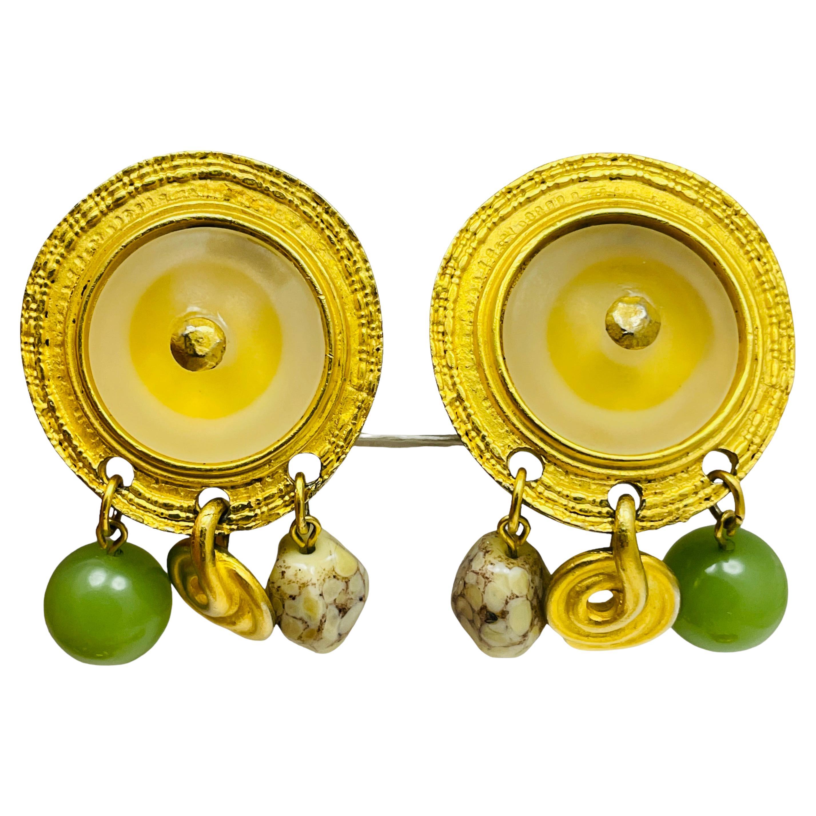 Orecchini a clip di design con perline penzolanti in vetro dorato vintage