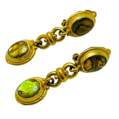 Vintage gold tone glass dangle designer clip on earrings