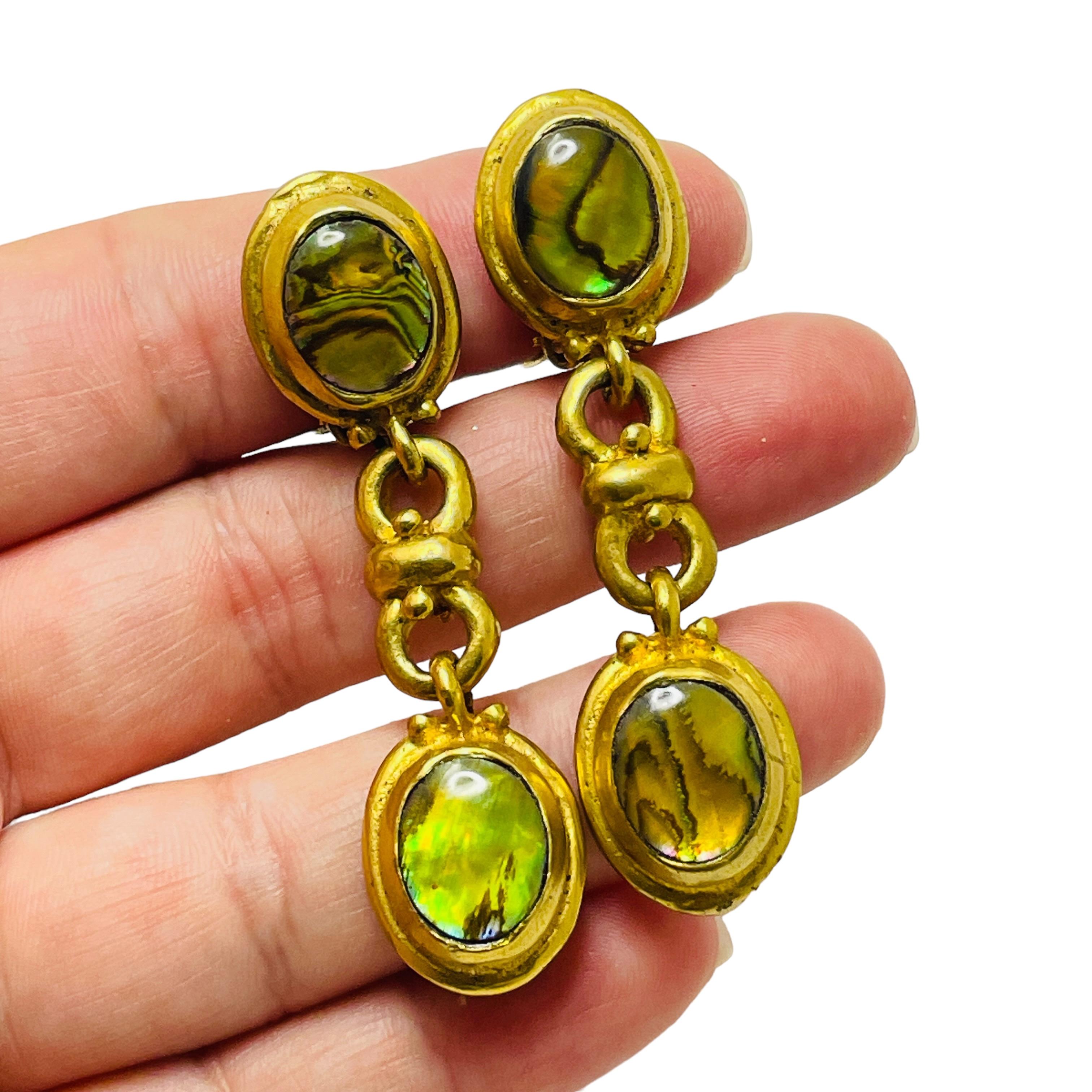 Vintage Gold Ton Glas baumeln Designer Clip auf Ohrringe Damen im Angebot