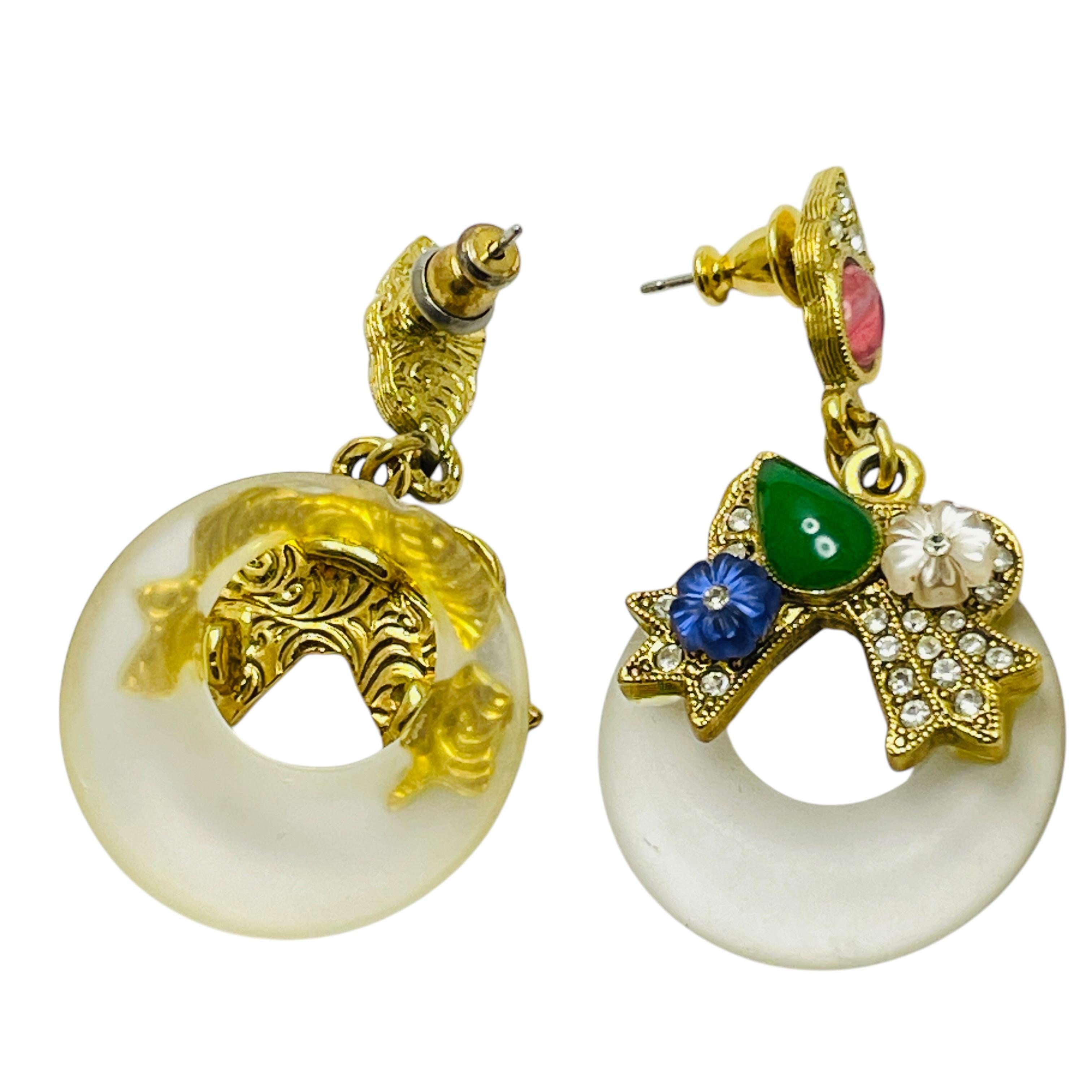 Vintage Gold Ton Glas Blumen baumeln Juwel Designer Ohrringe im Zustand „Gut“ im Angebot in Palos Hills, IL