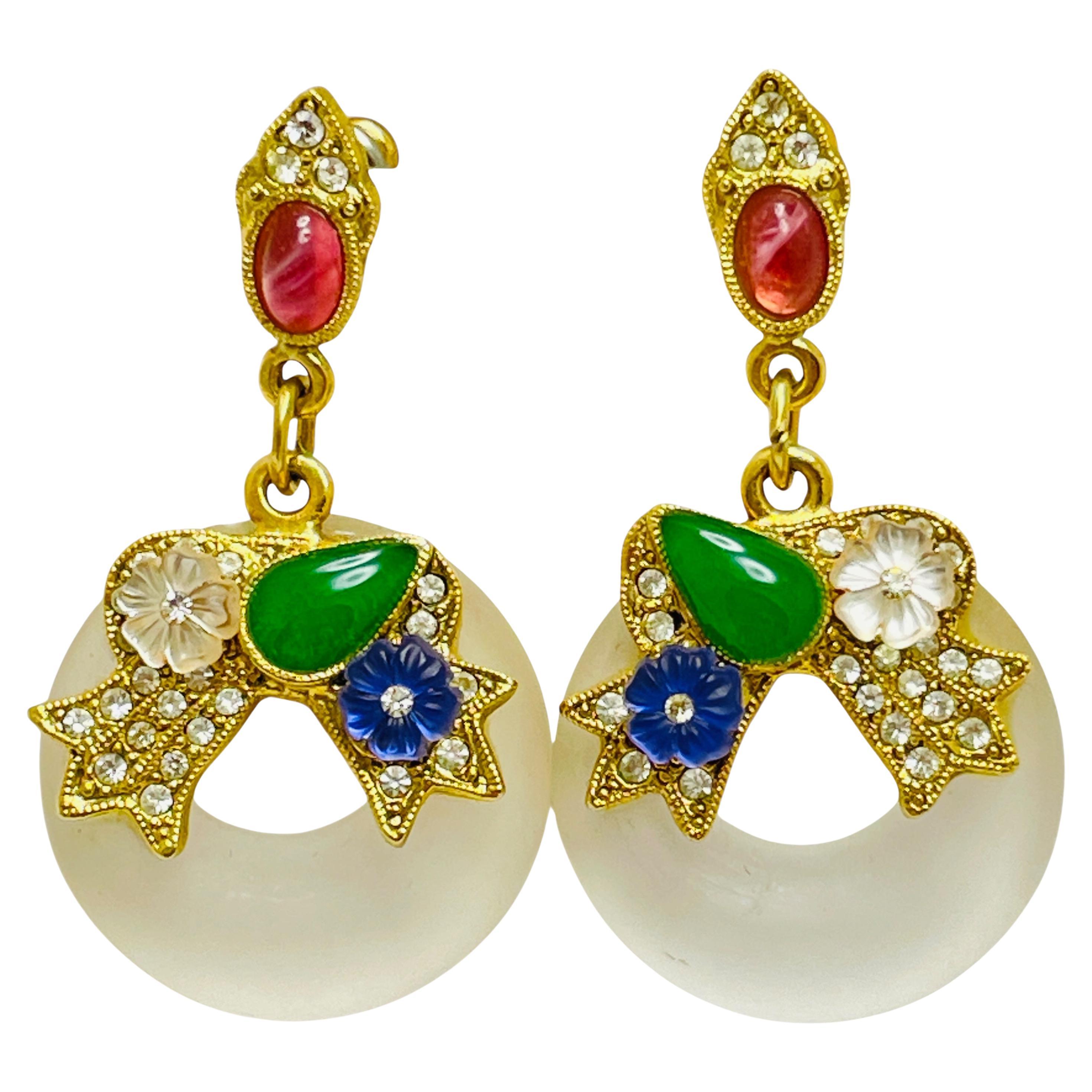 Vintage Gold Ton Glas Blumen baumeln Juwel Designer Ohrringe