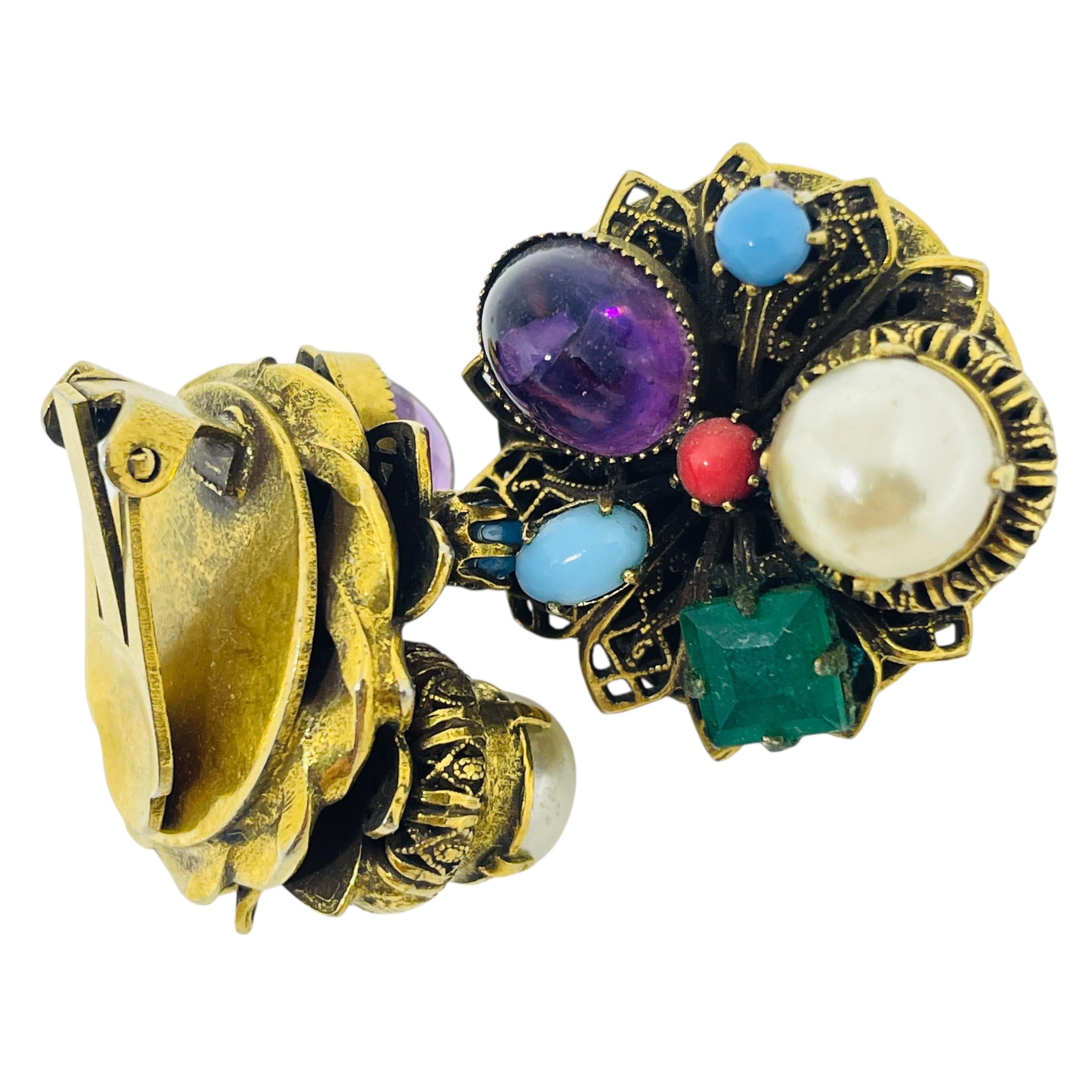 Women's or Men's Vintage gold tone glass gemstones 70's designer clip on earrings For Sale