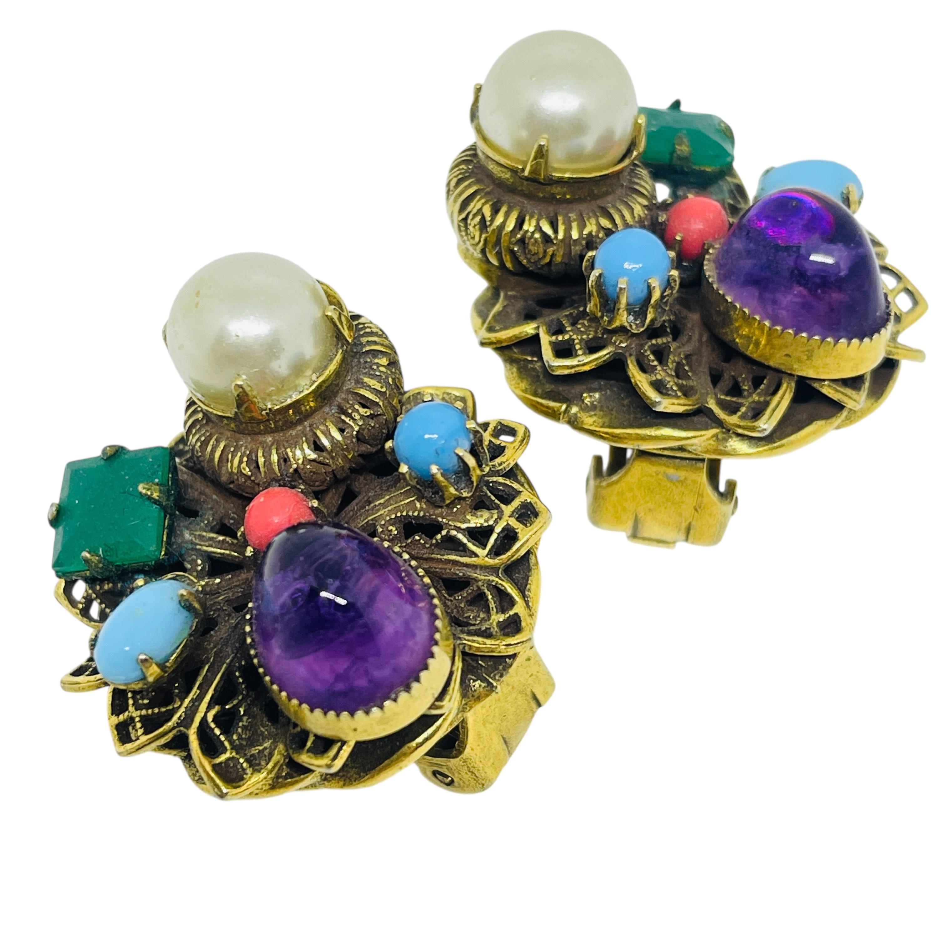Vintage gold tone glass gemstones 70's designer clip on earrings For Sale 1