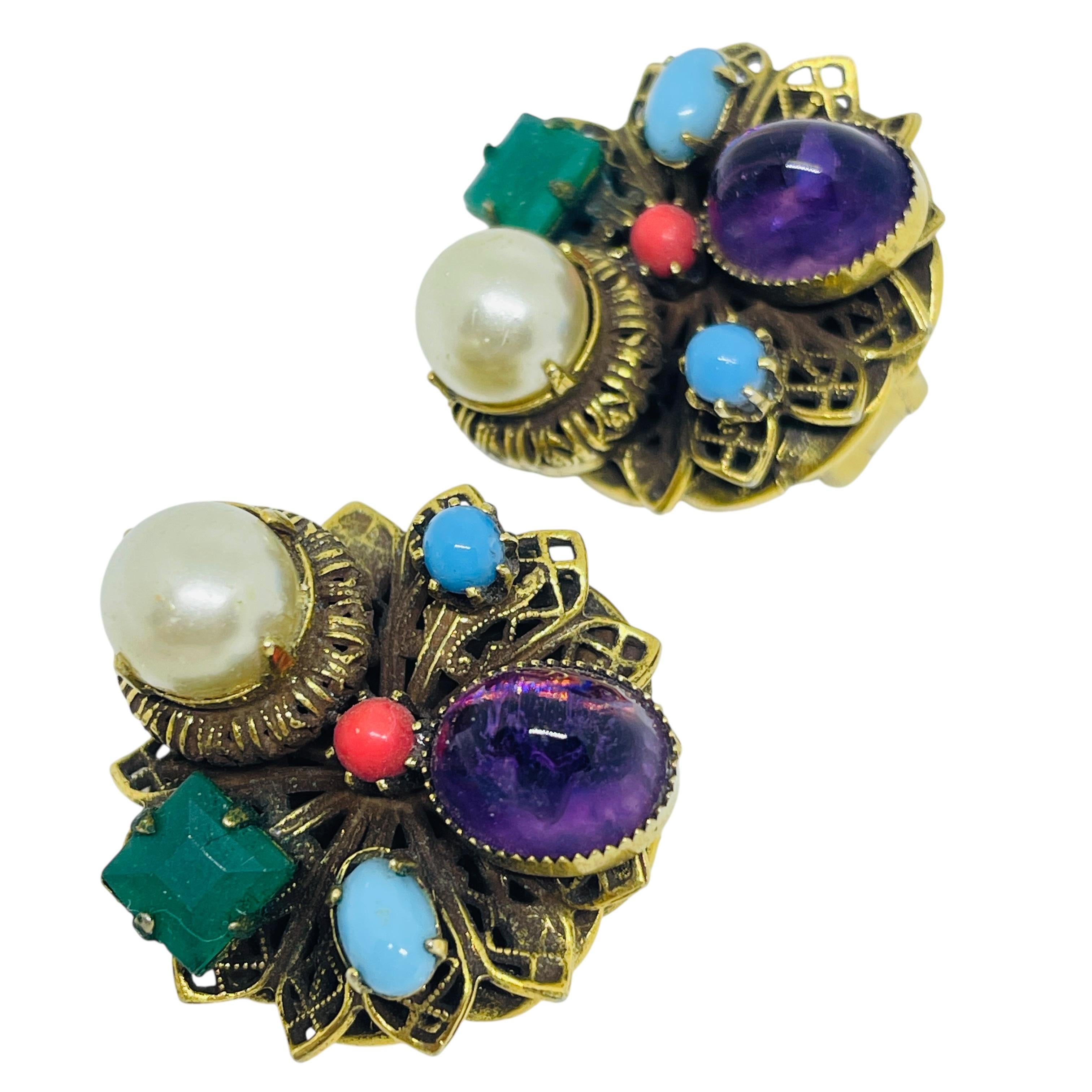 Vintage gold tone glass gemstones 70's designer clip on earrings For Sale 2