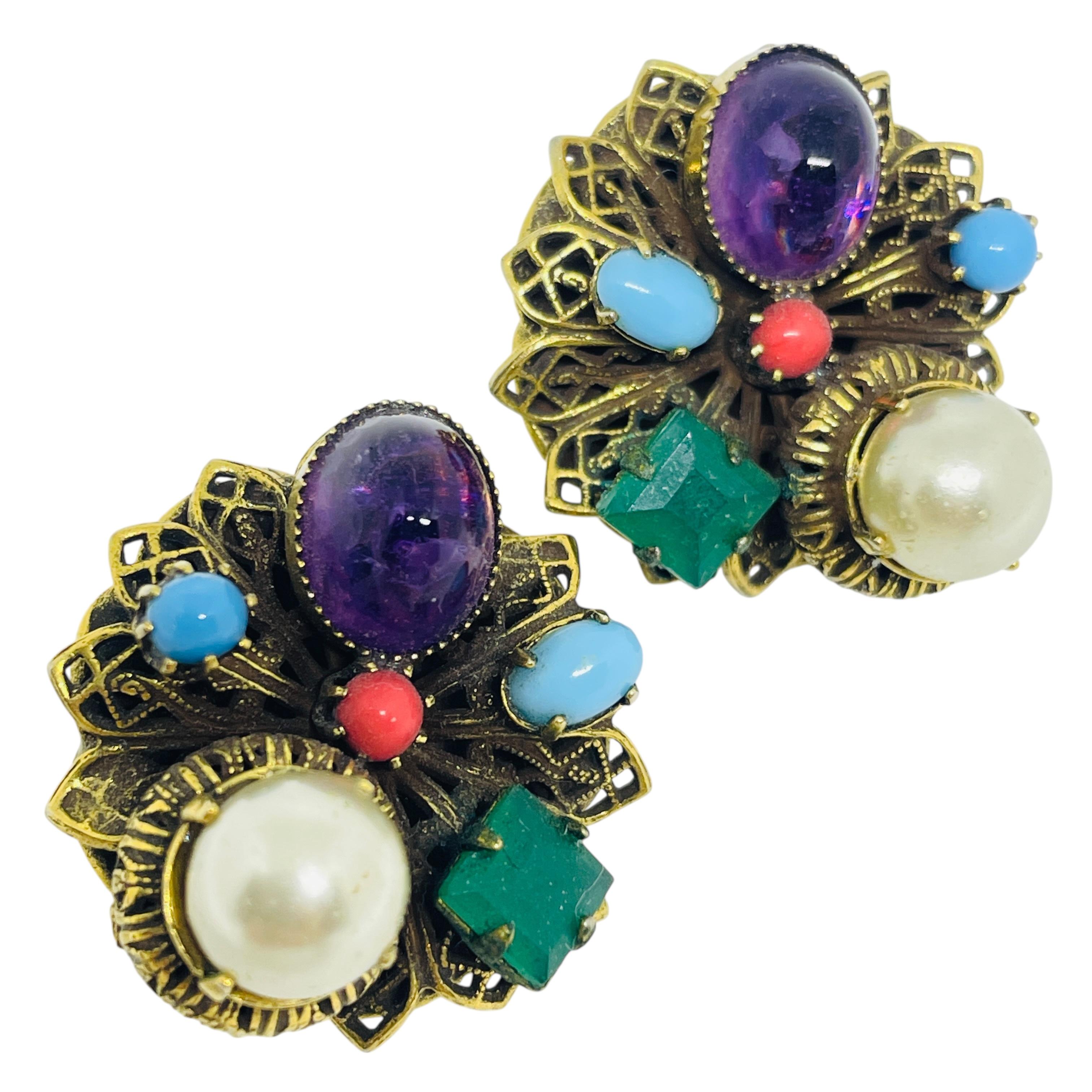 Vintage gold tone glass gemstones 70's designer clip on earrings For Sale 3