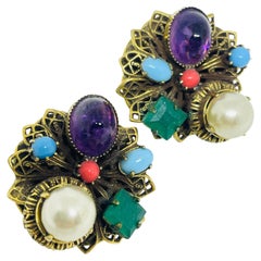 Orecchini a clip vintage con gemme di vetro dorate, design anni
70