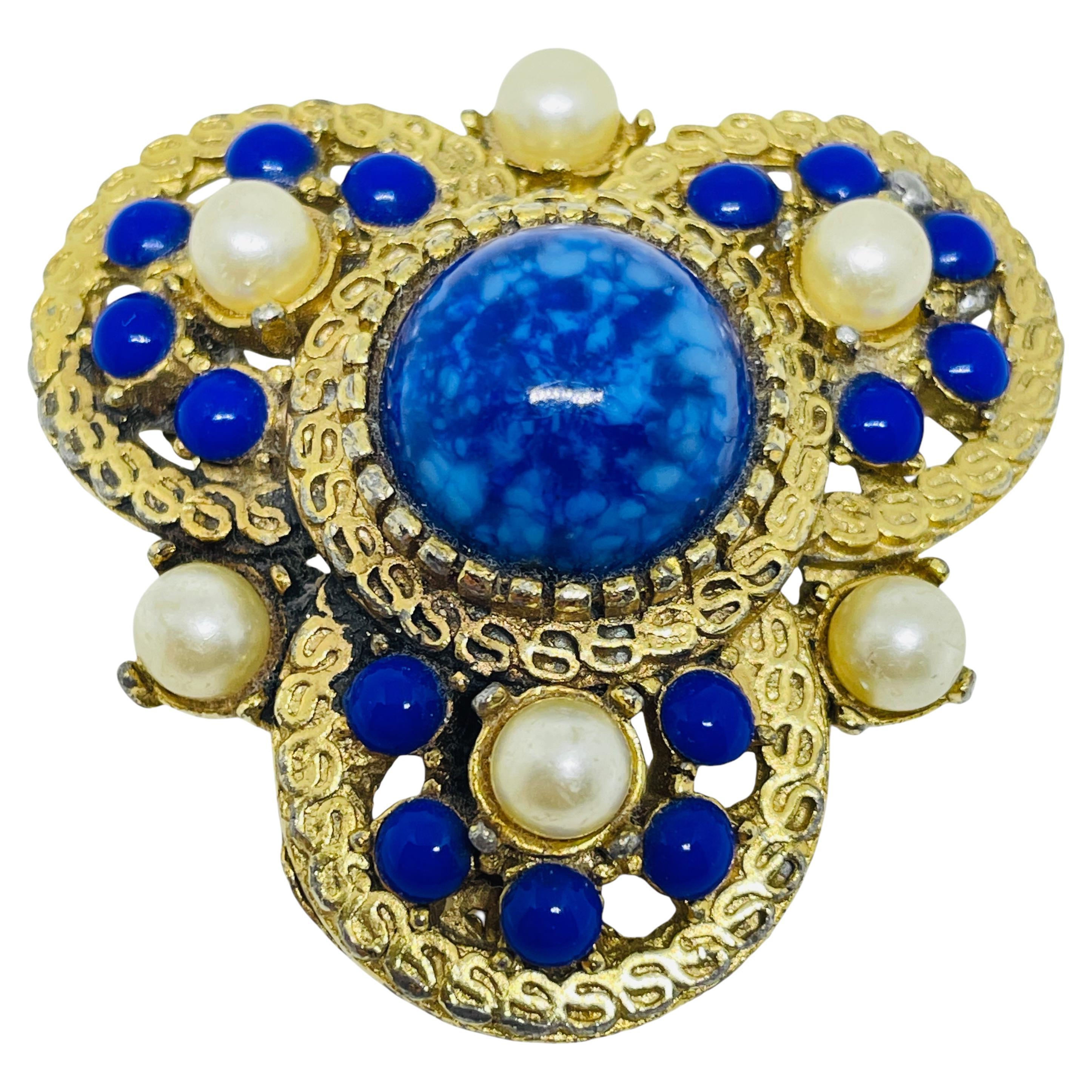 Vintage Gold Ton Glas Lapis Perlen Designer Brosche
