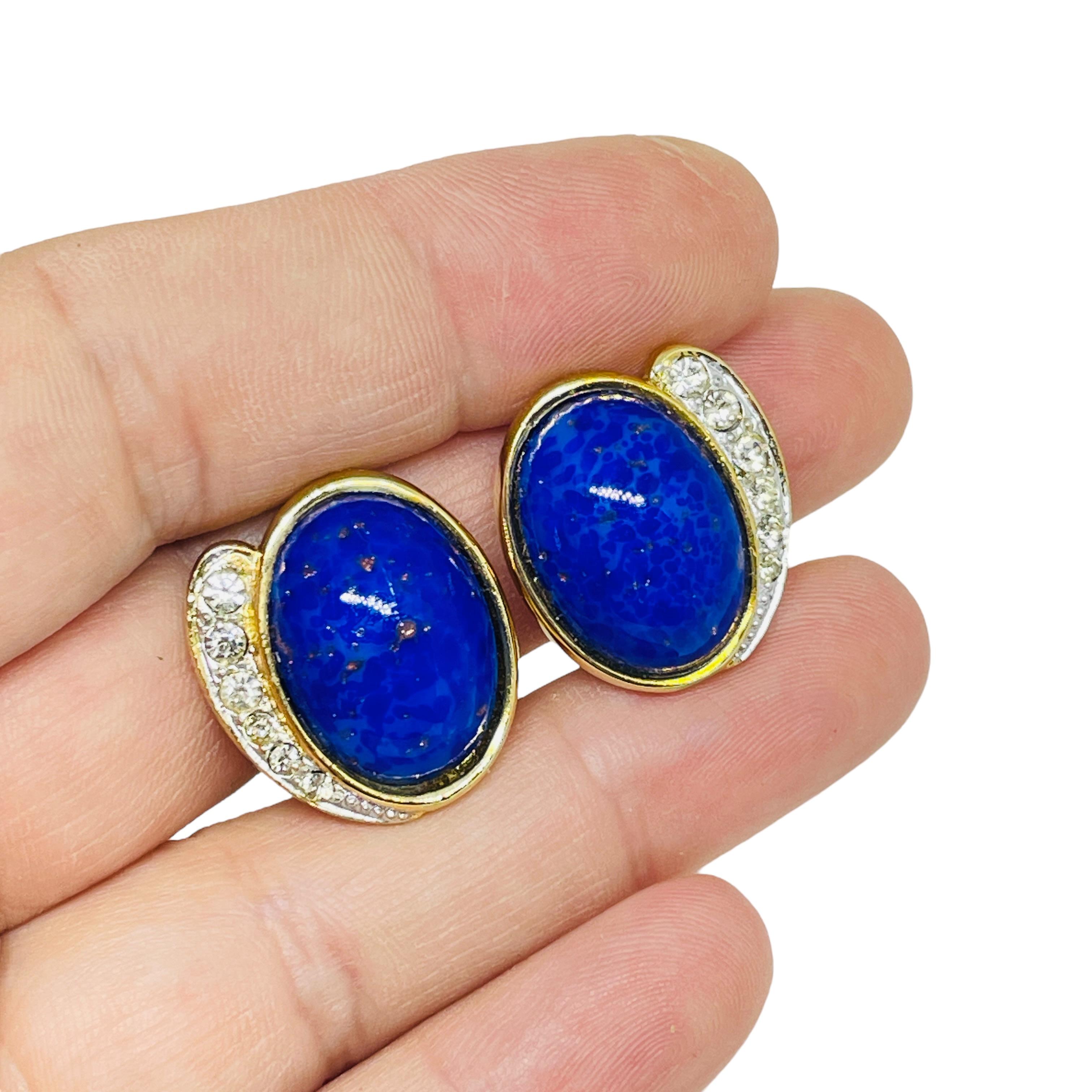 Women's Vintage gold tone glass lapis rhinestones designer clip on earrings For Sale