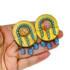 Vintage gold tone glass opal turquoise stones designer clip on earrings