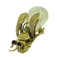 Vintage gold tone glass pearl ruby eyes bee bug figural brooch