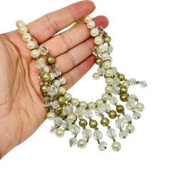 Vintage gold tone glass pearls beads waterfall designer necklace
