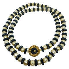 Vintage gold tone glass pearls black beaded designer necklace