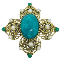 Vintage gold tone glass pearls jade Maltese cross designer brooch pendant