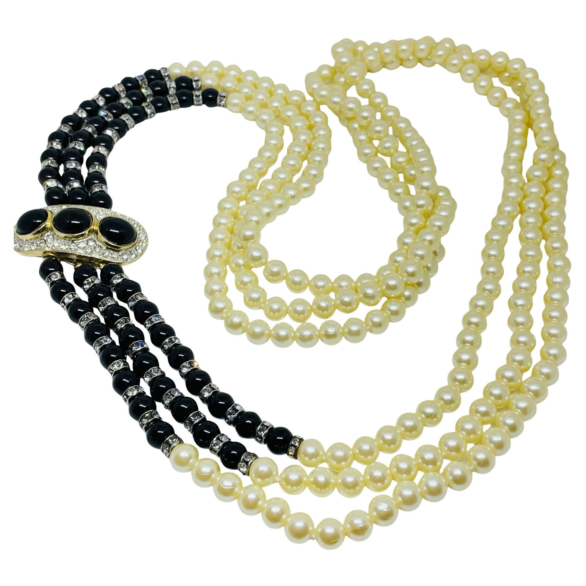 Vintage gold tone glass pearls rhinestones long beaded designer necklace