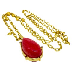 Vintage gold tone glass pendant long chain designer necklace