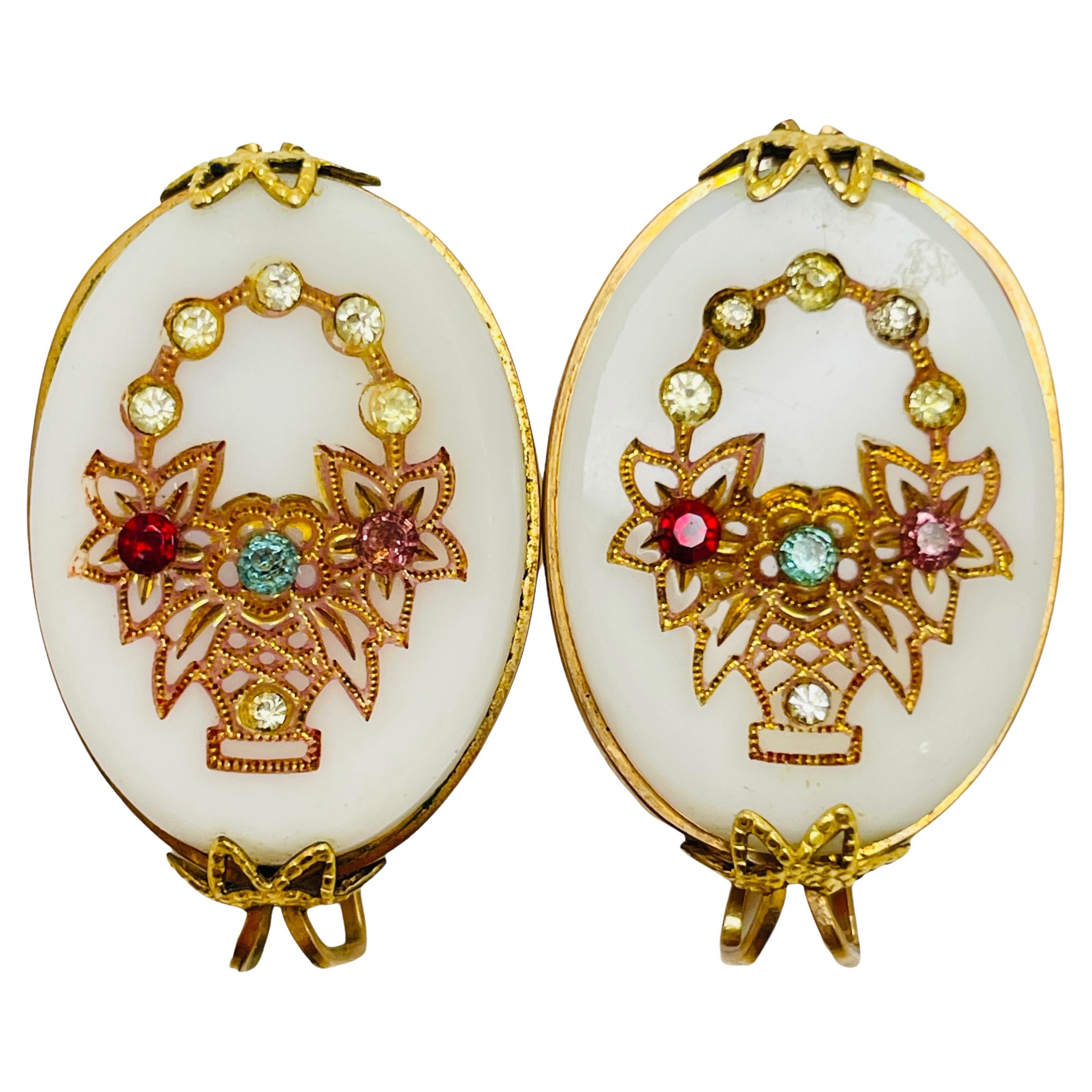 Vintage gold tone glass rhinestones designer clip on earrings