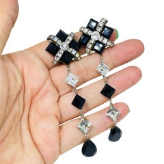 Vintage gold tone glass rhinestones long dangle designer clip on earrings