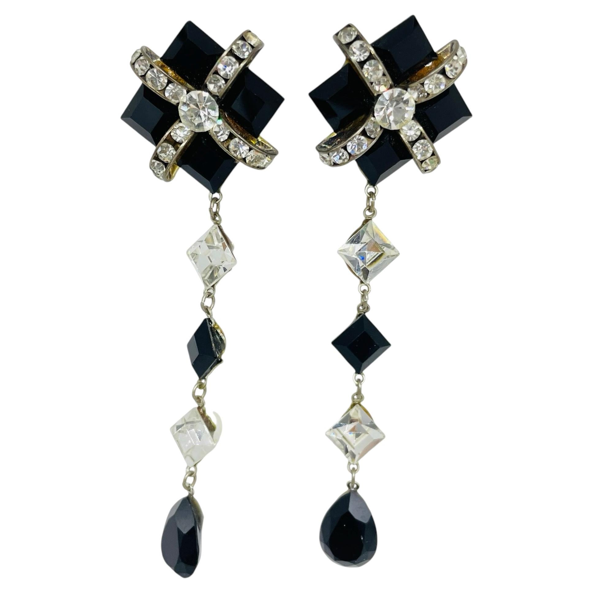 Vintage Gold Ton Glas Strass lange baumeln Designer Clip auf Ohrringe im Angebot
