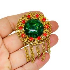Vintage gold tone glass stones dangle chains designer brooch