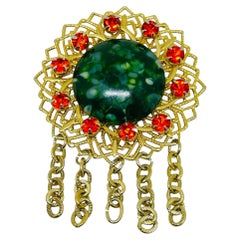 Vintage gold tone glass stones dangle chains designer brooch