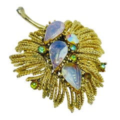 Vintage gold tone glass stones designer brooch