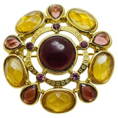 Vintage gold tone glass stones designer brooch