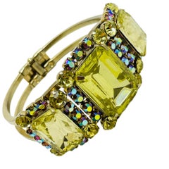 Vintage gold tone glass stones designer clamper bracelet